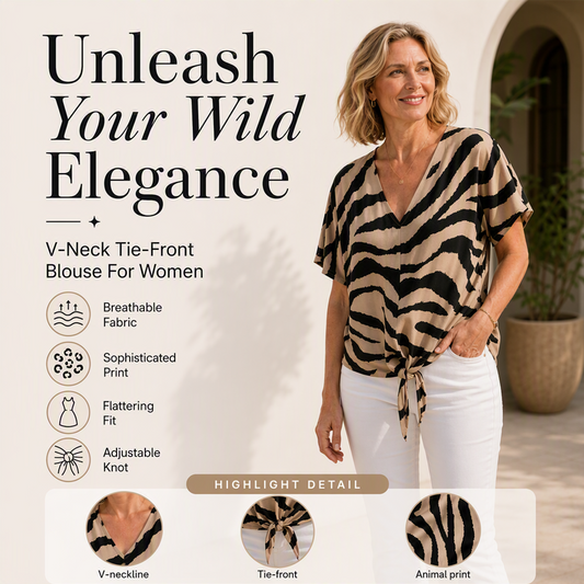 Women's V-Neck Tie-Front Zebra Print T-Shirt