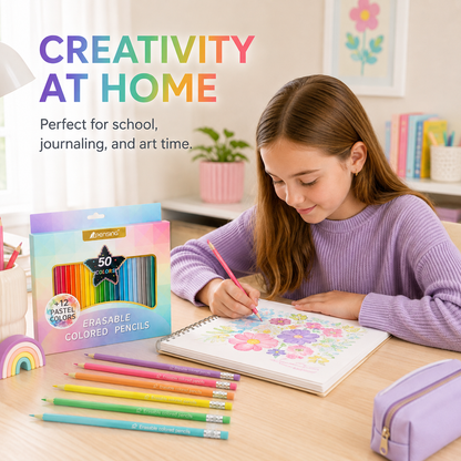 🎁50-Color Erasable Triangular Colored Pencils with Eraser Tips