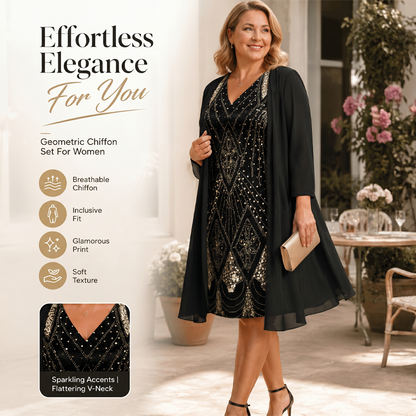 Women’s V-Neck Dress & Sheer Long Jacket Set