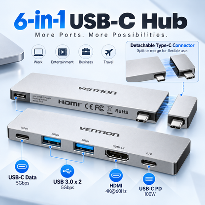 Type-C Dock with Multiple USB Ports, 6-in-2 Plug-and-Play