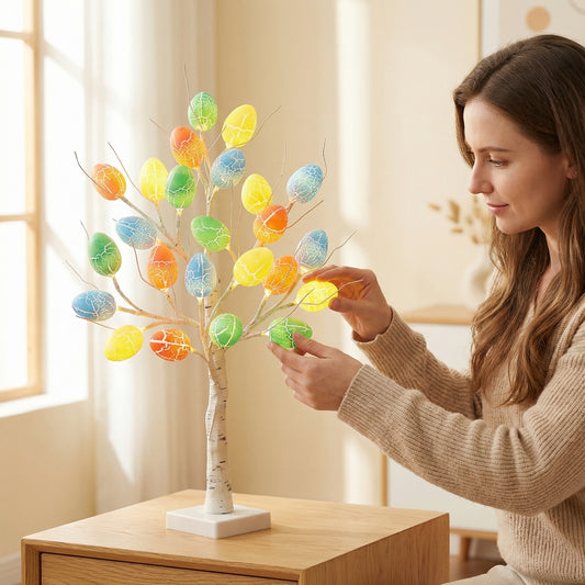 ✨Lighted Birch Egg Tree with 24 Colorful Eggs🌳💡