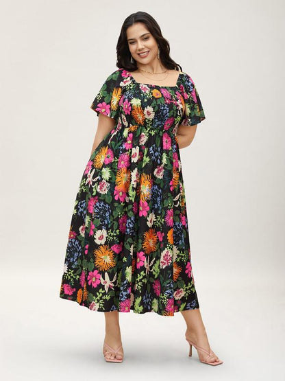 ⏰Summer Hot Sale 60% OFF💃Floral Smocked Square Neck Midi Dress with Pockets
