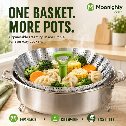 🥦Adjustable and foldable stainless steel steaming basket