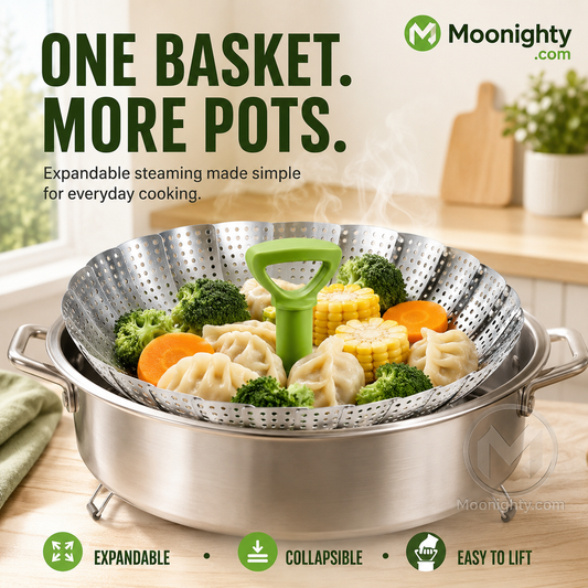🥦Adjustable and foldable stainless steel steaming basket
