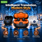 Wireless earbuds with real-time AI translation, noise cancellation, Hi-Fi audio, triple-microphone calls, touch controls, IPX5 water resistance, and a charging case with LEDs