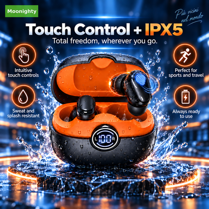 Wireless earbuds with real-time AI translation, noise cancellation, Hi-Fi audio, triple-microphone calls, touch controls, IPX5 water resistance, and a charging case with LEDs