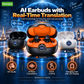 Wireless earbuds with real-time AI translation, noise cancellation, Hi-Fi audio, triple-microphone calls, touch controls, IPX5 water resistance, and a charging case with LEDs