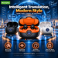 Wireless earbuds with real-time AI translation, noise cancellation, Hi-Fi audio, triple-microphone calls, touch controls, IPX5 water resistance, and a charging case with LEDs
