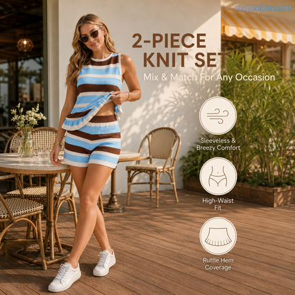 Women‘s Sleeveless Peplum Top and Shorts Striped Knit Outfit