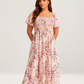 ⏰Summer Hot Sale 60% OFF💃Floral Smocked Square Neck Midi Dress with Pockets