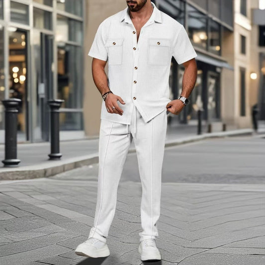 👕👔 2025 men's summer new, solid color button down pocket shirt + pants set!