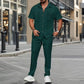 👕👔 2025 men's summer new, solid color button down pocket shirt + pants set!
