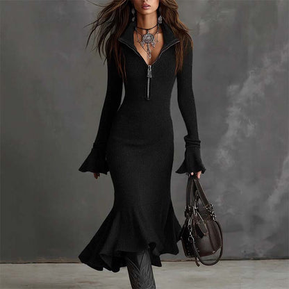 💃Women's Zipper Lapel Flare Sleeve Knit Fishtail Dress