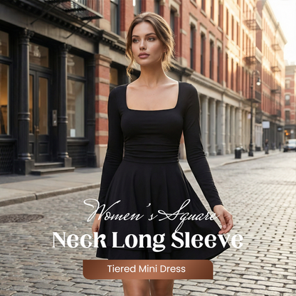 Women’s Square Neck Long Sleeve Tiered Mini Dress
