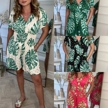 Women's Casual V-Neck Leaf Print Romper with Pockets
