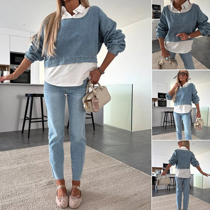 💖Women's Fashion Long Sleeve Denim Top & Pants Two Piece Set