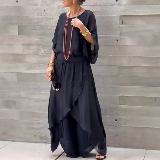 Loose Top & Slit Wide-Leg Pants Chiffon 2-Piece Set