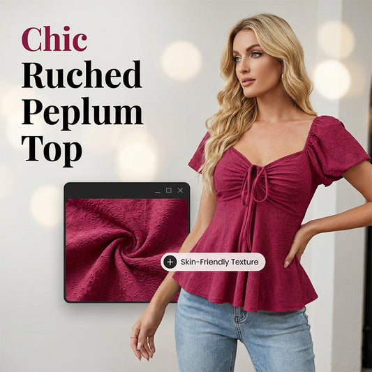 Women's Puff Sleeve Drawstring Ruched Peplum Top