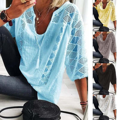 Women's U-neck blouse with sleeves—buy 2 get free shipping