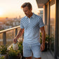 Men's Geometric Print Collared Top & Shorts Set