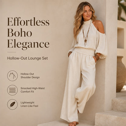 Women Cold Shoulder Halter Neck Top and Wide Leg Pants Set