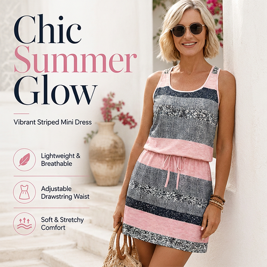 Women's Striped Sleeveless Dress with Drawstring Waist