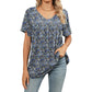 Women's V Neck Printed T-Shirt Casual Short Sleeve Pleated Top