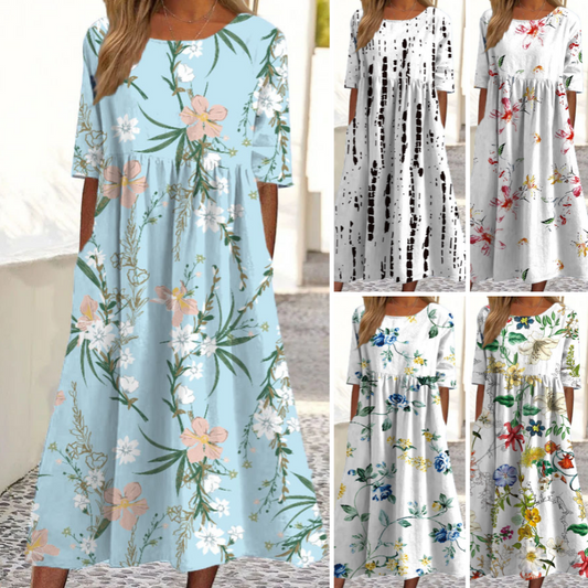 Women’s Elegant Floral Print Round-Neck Long Dress