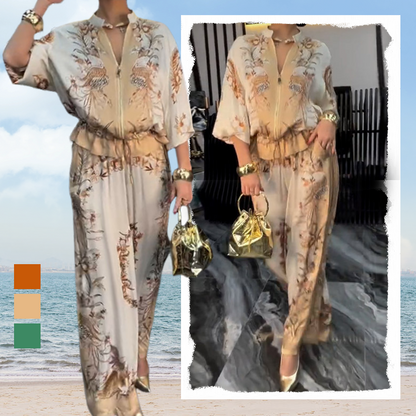 Printed Zipper Top & Wide-Leg Pants 2-Piece Set