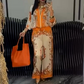 Printed Zipper Top & Wide-Leg Pants 2-Piece Set