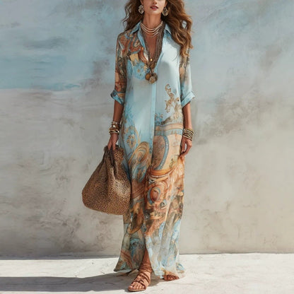 👗 LIMITED-TIME 50% OFF! ✨ Elegant Retro Print Maxi Dress – V-Neck Button-Down, Flowy Silhouette, Boho Chic 🌸