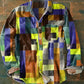 Unisex Simple Rainbow Color Plaid Vintage Printed Lapel Long Sleeve Pocket Shirt