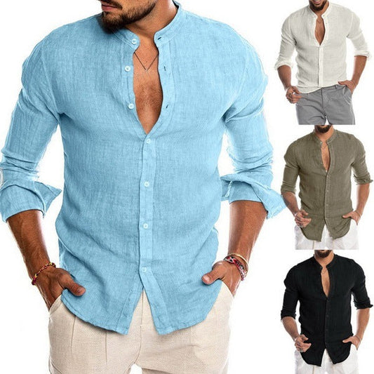 Mens Solid Linen Mandarin Collar Long Sleeve Loose Shirt