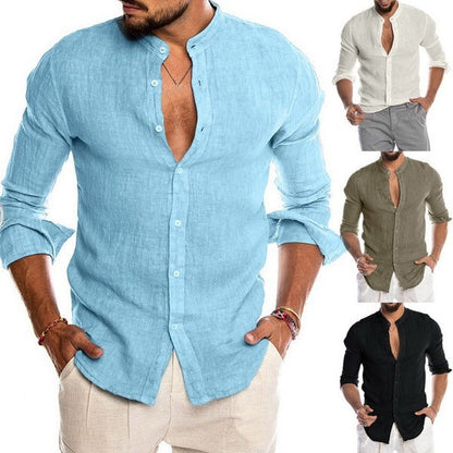 Mens Solid Linen Mandarin Collar Long Sleeve Loose Shirt